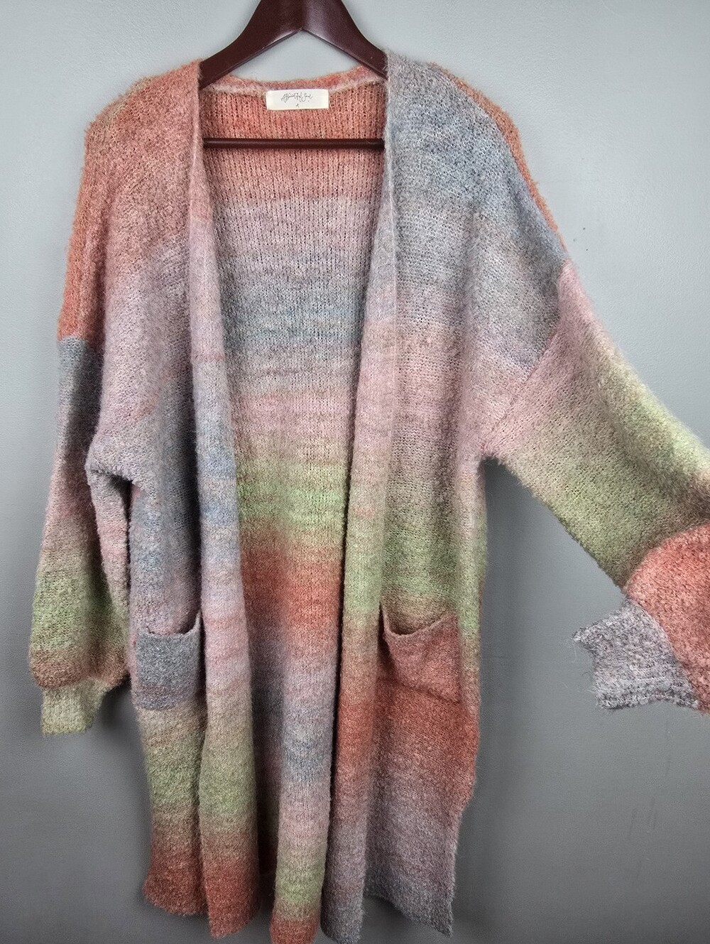 Fuzzy Knit Duster Cardigan Oversized Open Front Rainbow Ombre Womens Size L/XL?